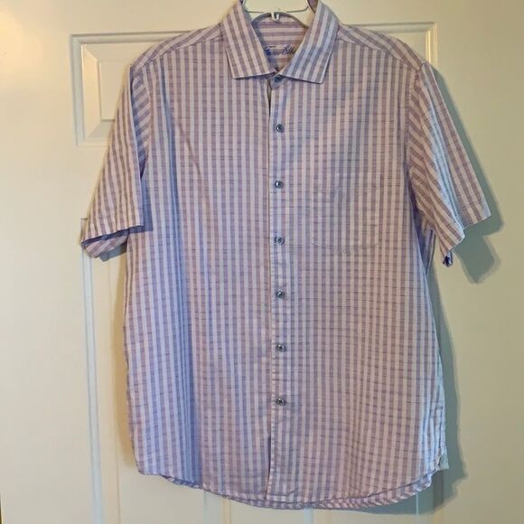 Tasso Elba size Large purple & white plaid shirt sleeve shirt - Picture 1 of 8